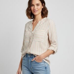 ​Ruby Rd. Relaxed Fit Striped V-Neck Cotton Linen Roll-Tab Blouse PXL